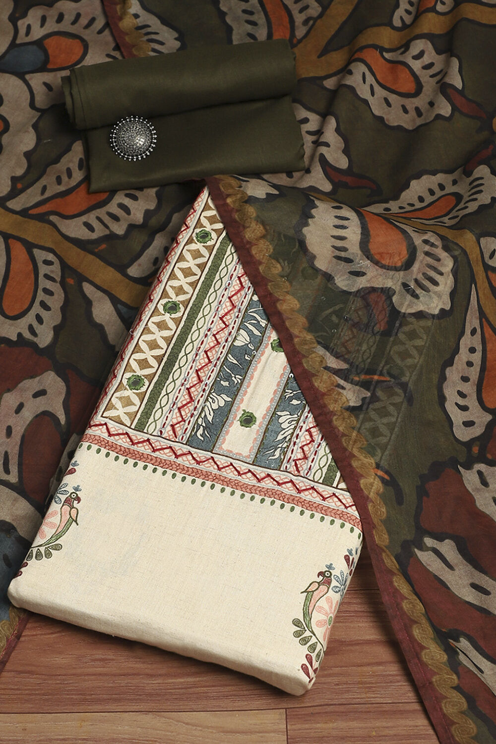 Off White Cotton Printed Embroidered Unstitched Suit Set image number 0
