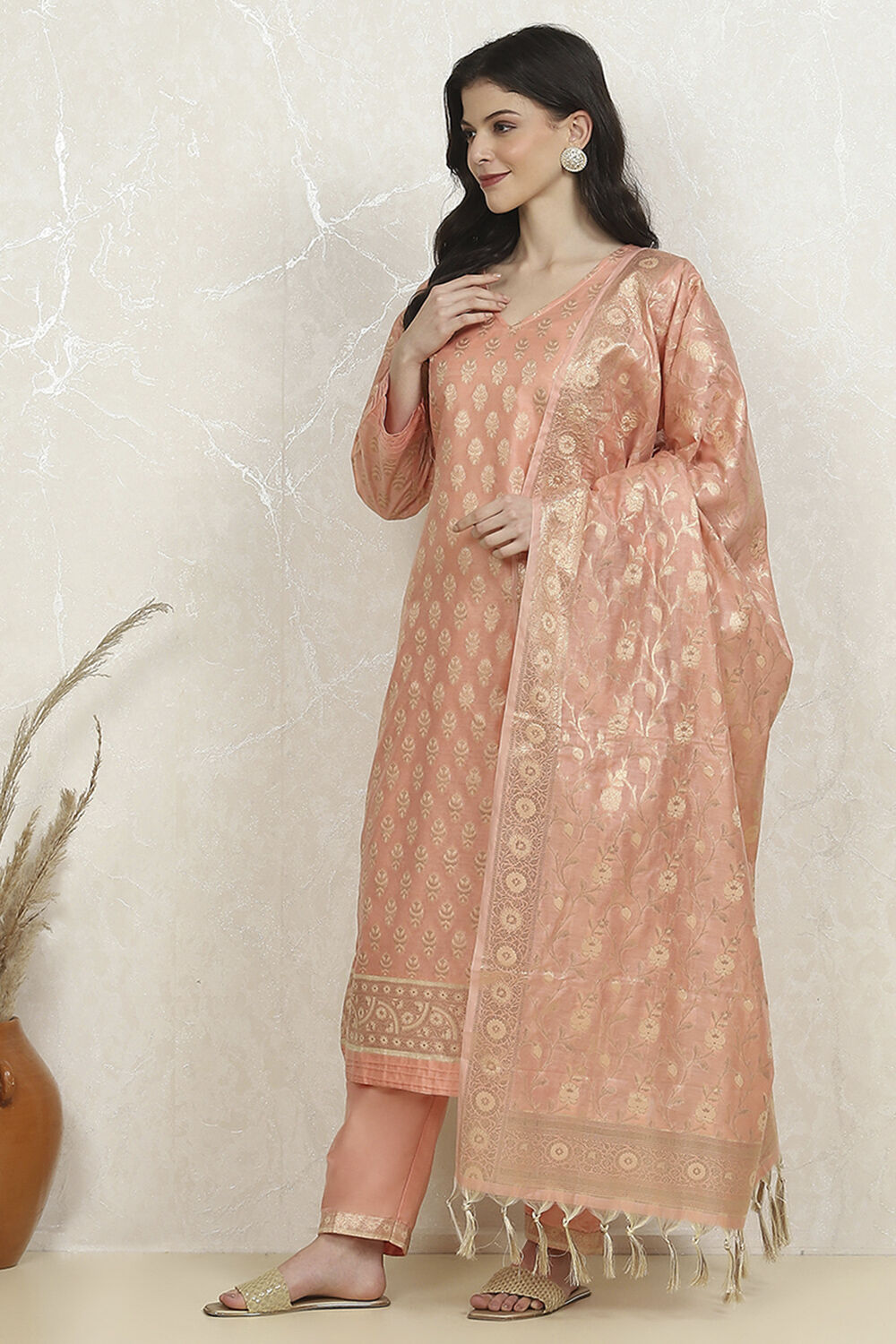 Peach Cotton Printed Embroidered Unstitched Suit Set image number 4