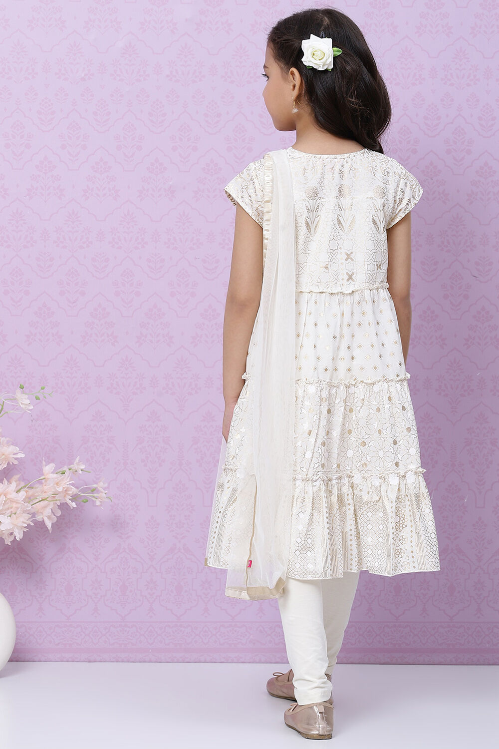 Blue Cotton Flared Kurta Churidar Suit Set image number 4