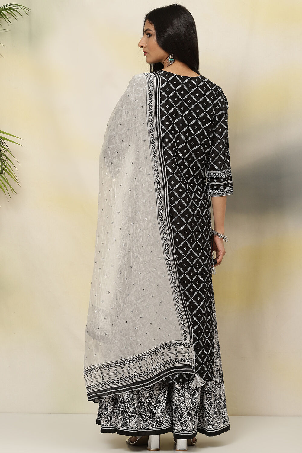 Black Straight Art Silk Kurta Sharara Suit Set image number 4