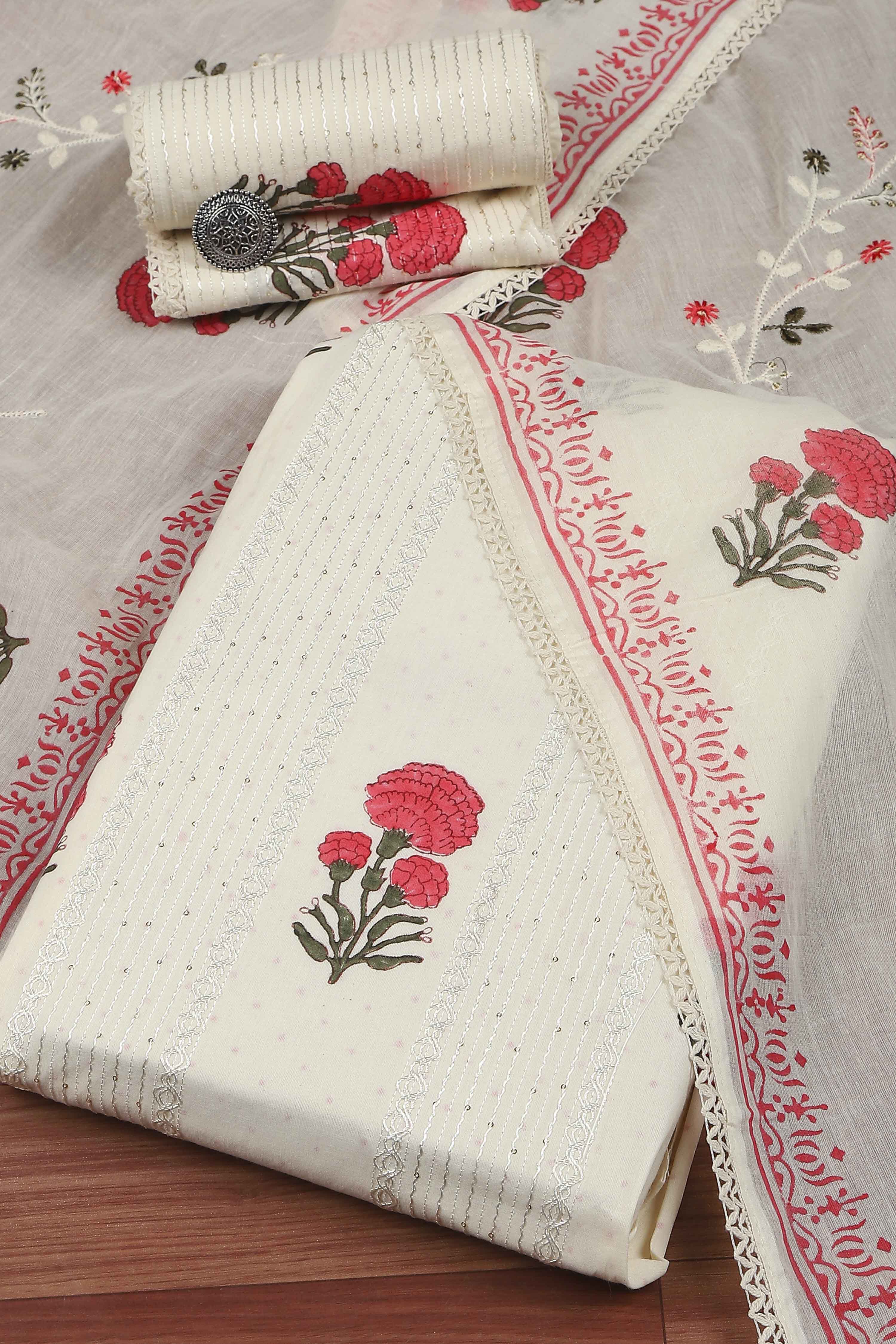 White Cotton Printed Embroidered Unstitched Suit Set image number 0