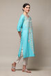 Blue Cotton Straight Printed Kurta image number 3