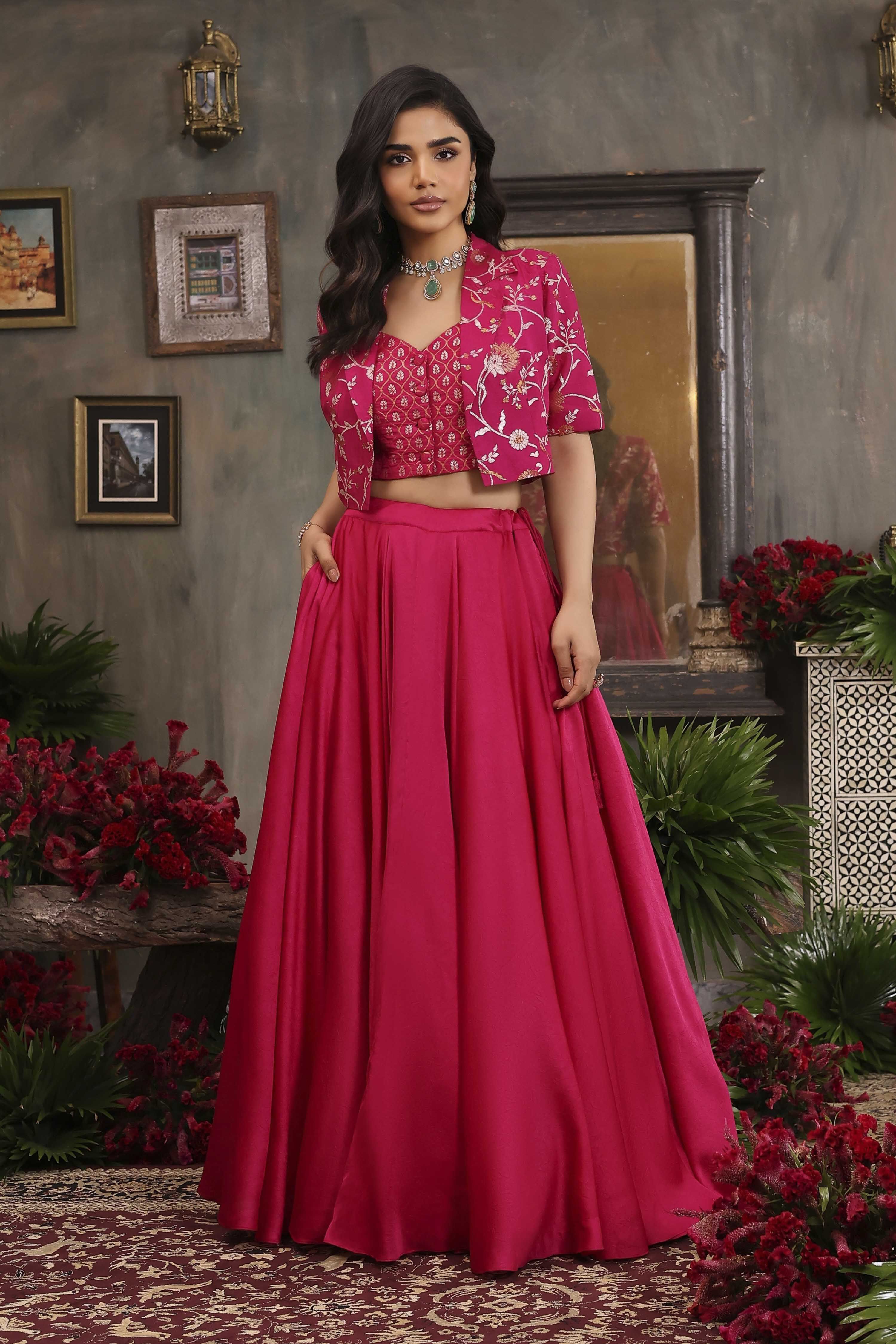 Fuschia Viscose Rayon Straight Skirt Set image number 0