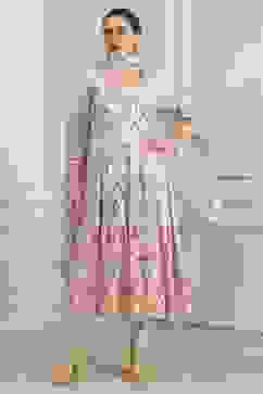 Off-White Cotton Printed Anarkali Suit Set image number 6