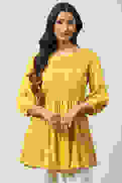 Mustard LIVA Flared Printed Short Kurti image number 0