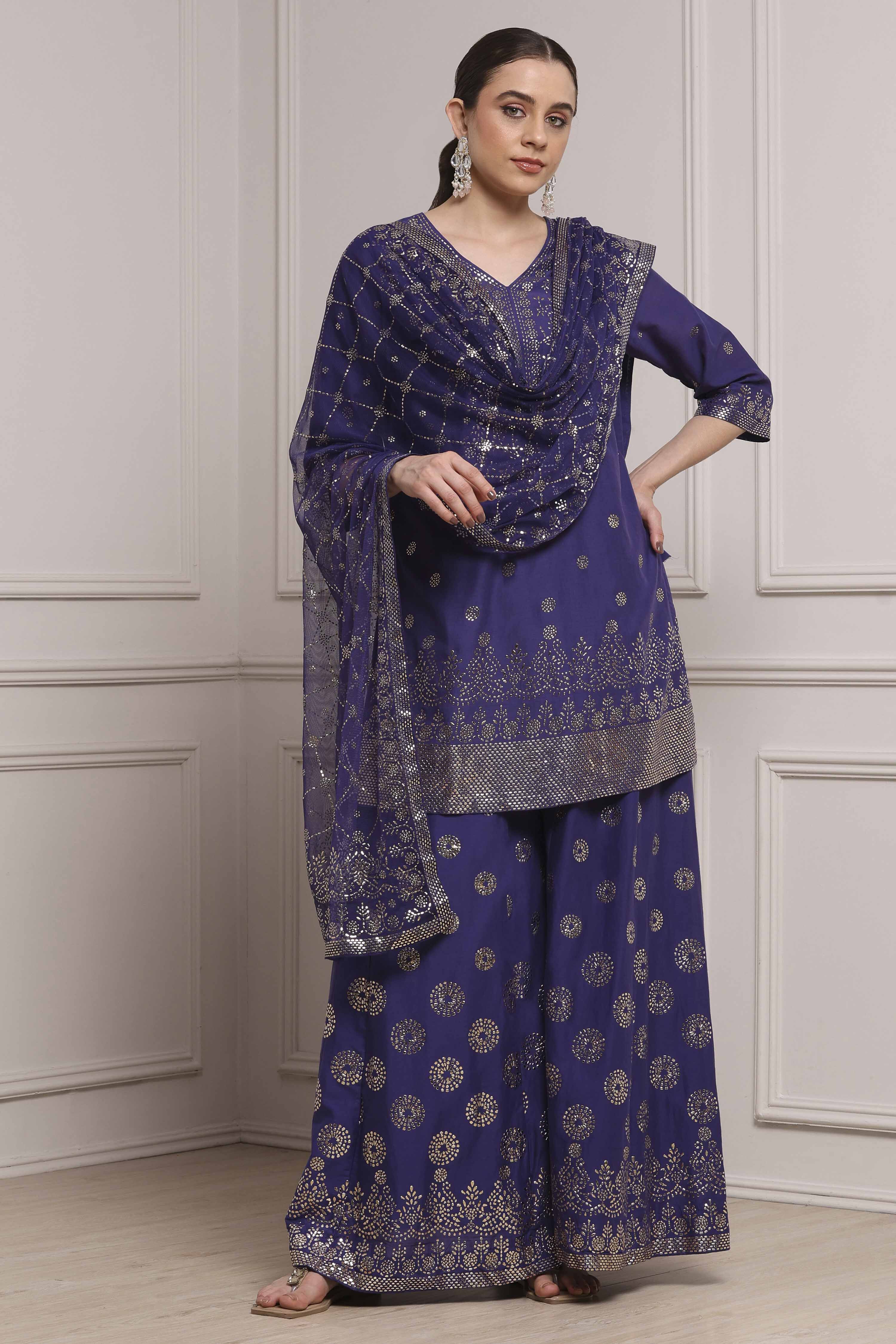 Green Cotton Metallic Pattern Sharara Suit Set image number 0