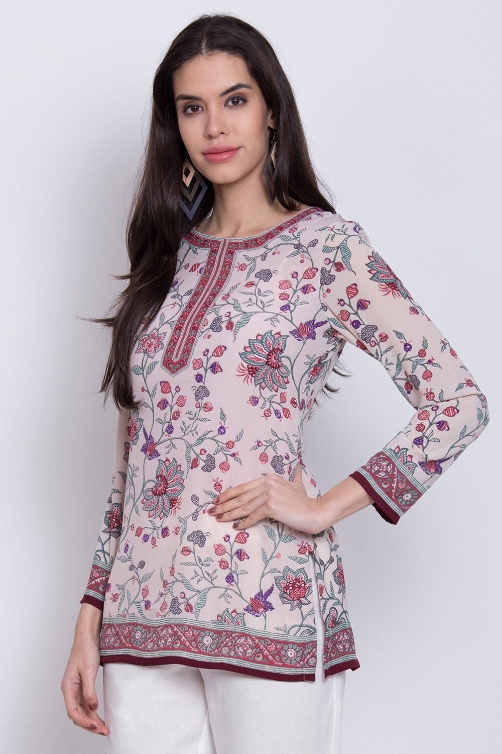 Off White Cotton Blend Printed Kurti image number 2