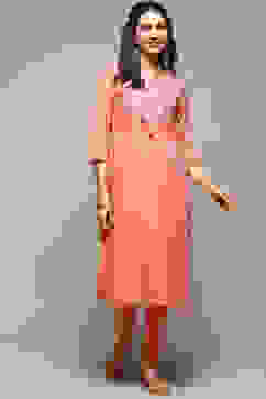 Orange Cotton Blend Flared Yarndyed Kurta image number 3