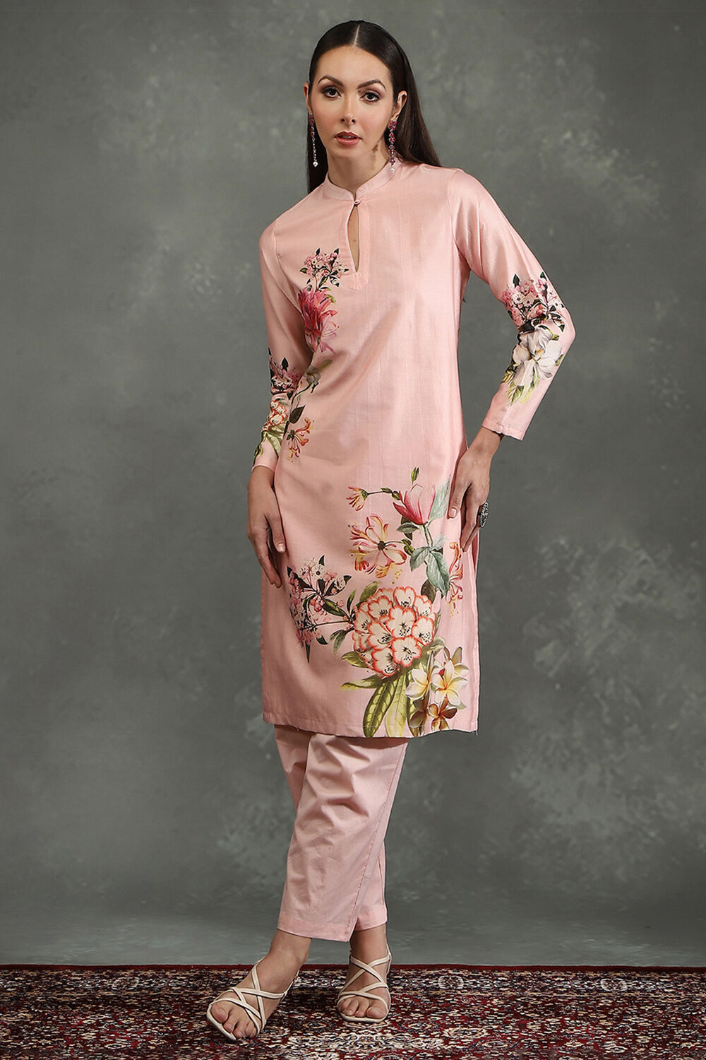 Ivory Silk Chanderi Floral Printed Straight Kurta Set image number 5