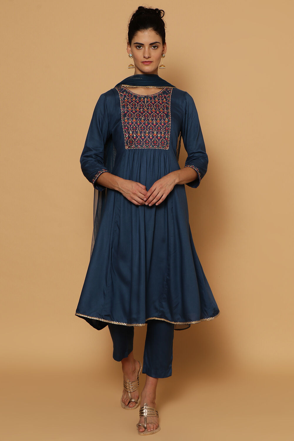 Blue Rayon Kalidar Kurta Slim Pant Suit Set image number 2