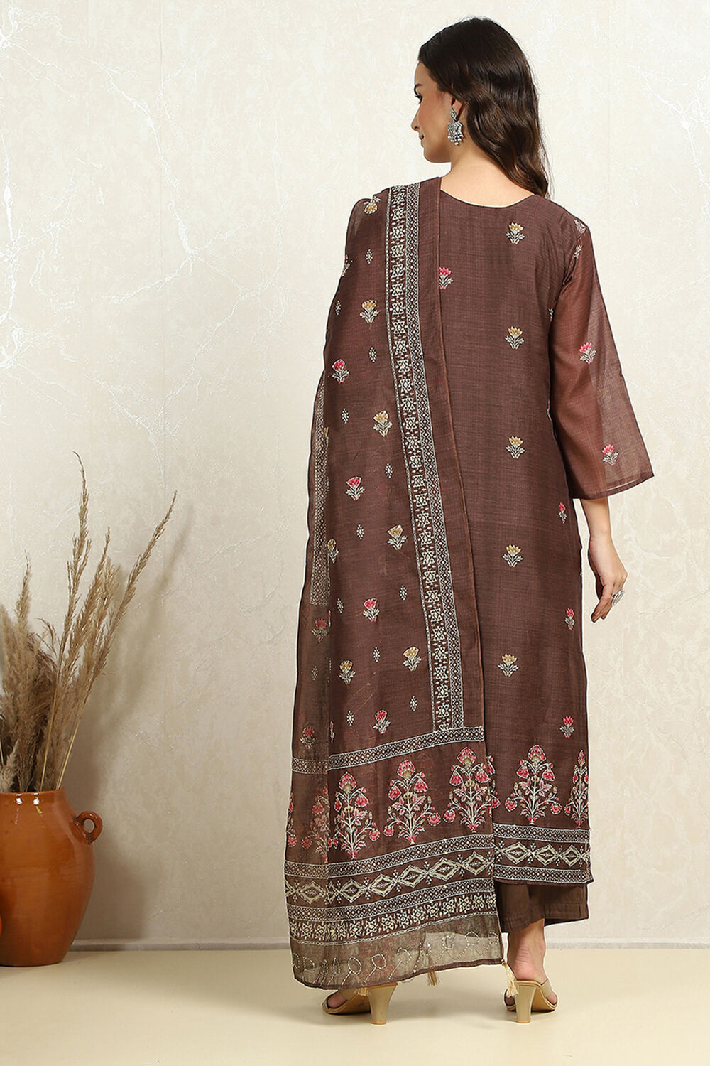Coffee Brown Chanderi Katha Work Unstitched Suit Set image number 5