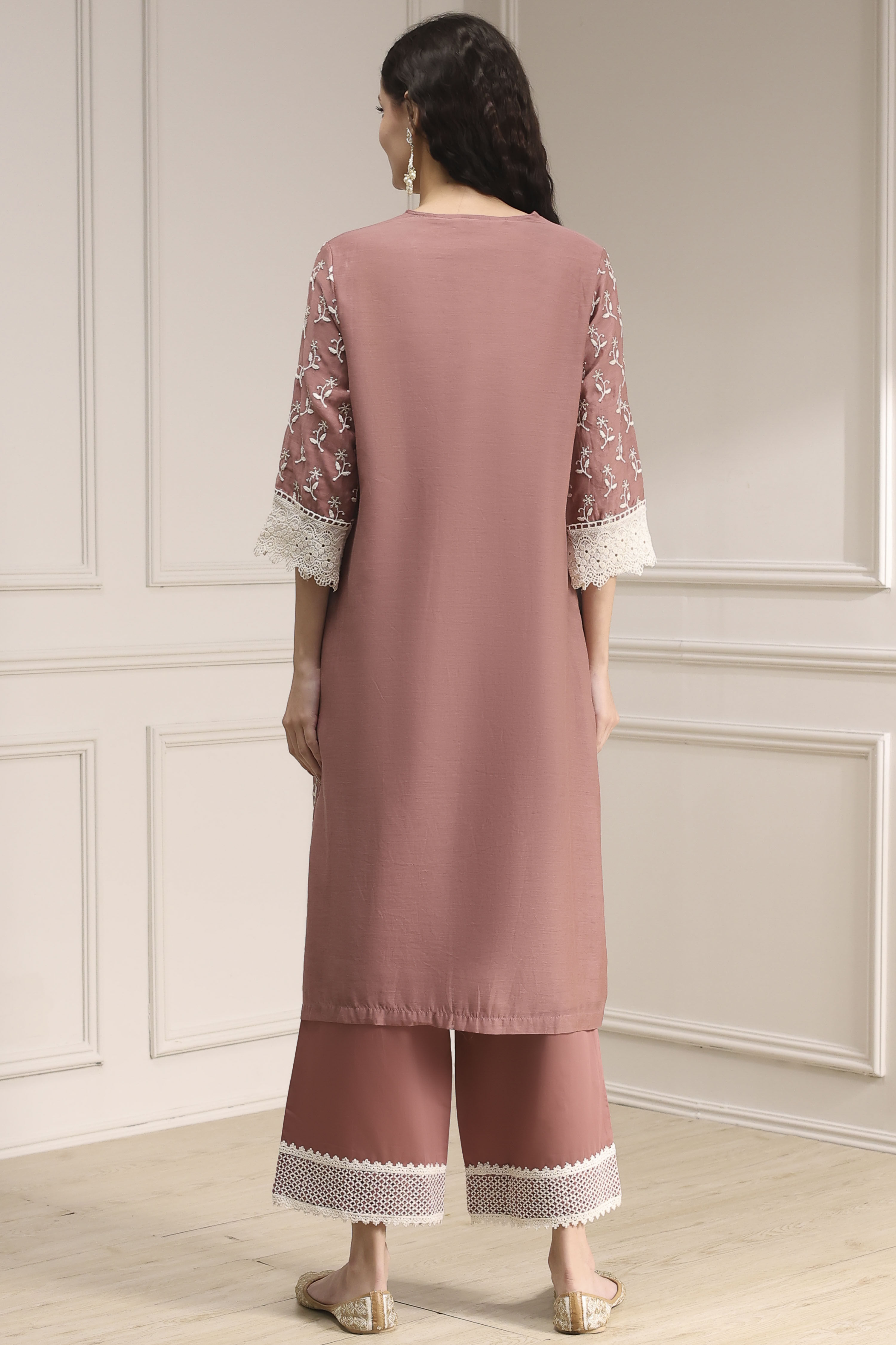 Nude-Toned Chanderi Straight Suit Set image number 4