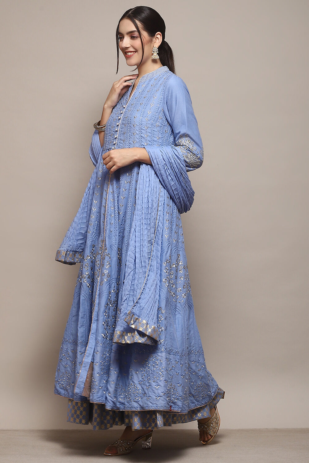 Aqua Blue Cotton Anarkali Kurta Lehenga Set image number 4