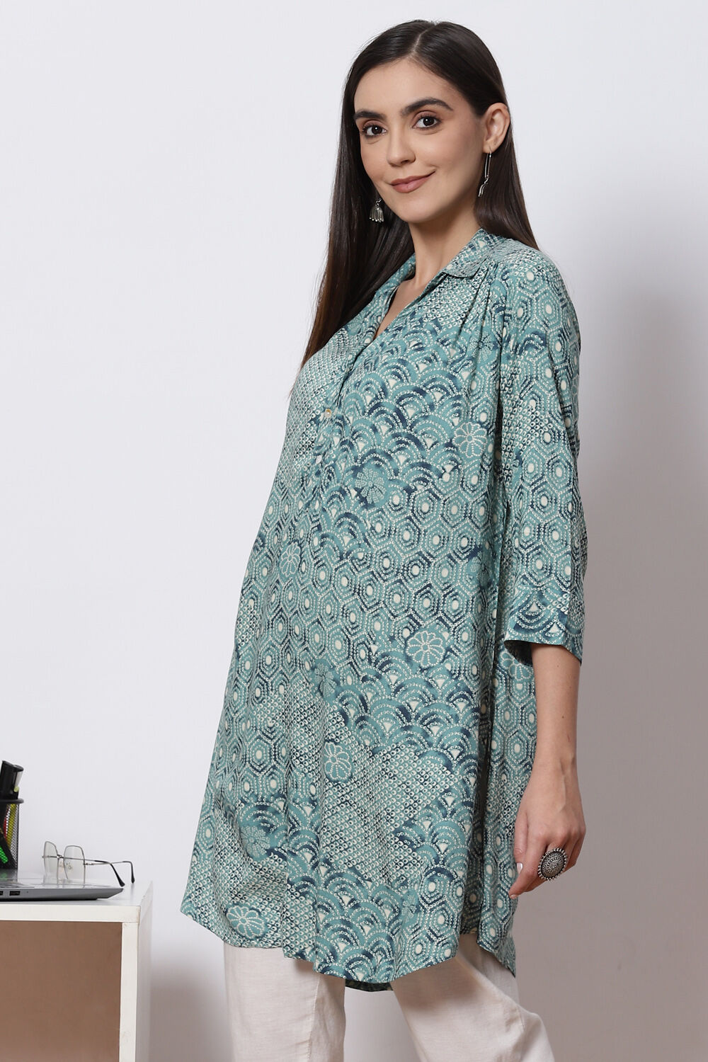 Teal LIVA Straight Kurta image number 2