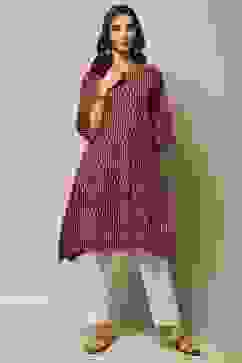 Maroon Cotton IKAT Straight Yarndyed Kurta image number 0