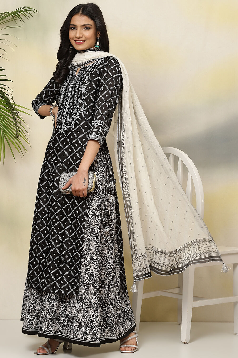 Black Straight Art Silk Kurta Sharara Suit Set image number 7