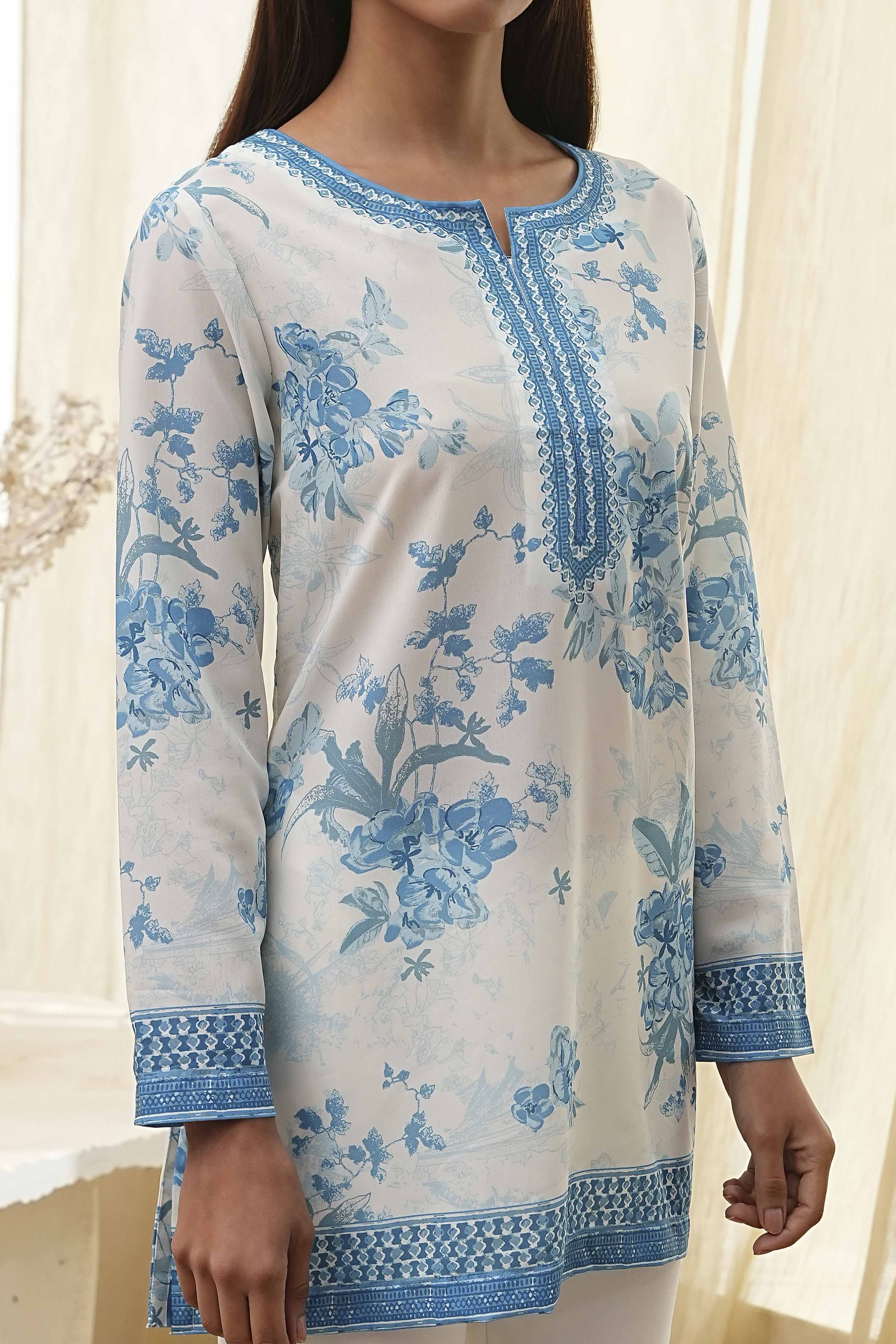 Off-White Printed Straight Short Kurta image number 1