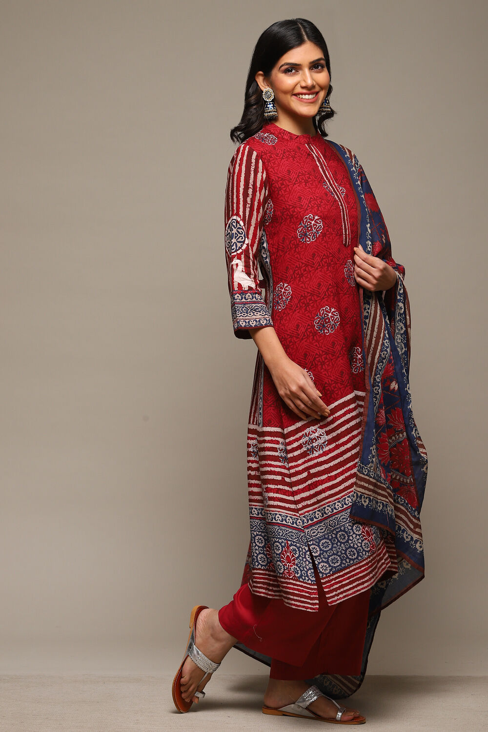 Rust & Indigo Rayon Straight Kurta Palazzo Suit Set image number 6
