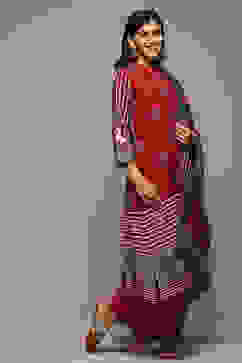 Red & Indigo Rayon Straight Kurta Palazzo Suit Set image number 6