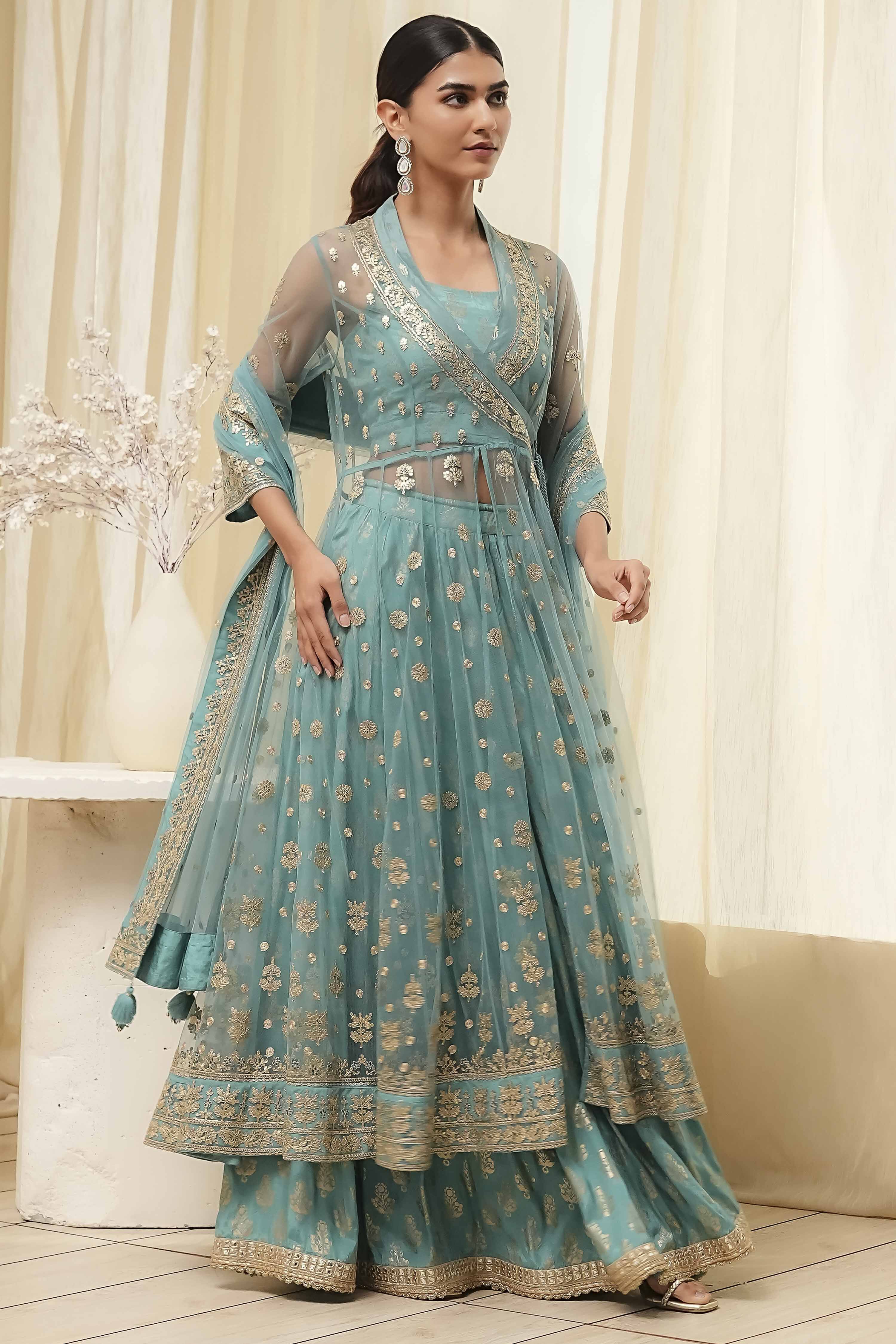 Coral-Pink Polyester Blend Anarkali Lehenga Set image number 6