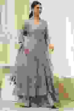 Turquoise Floral Butterfly Net Festive Anarkali Lehenga Set image number 6