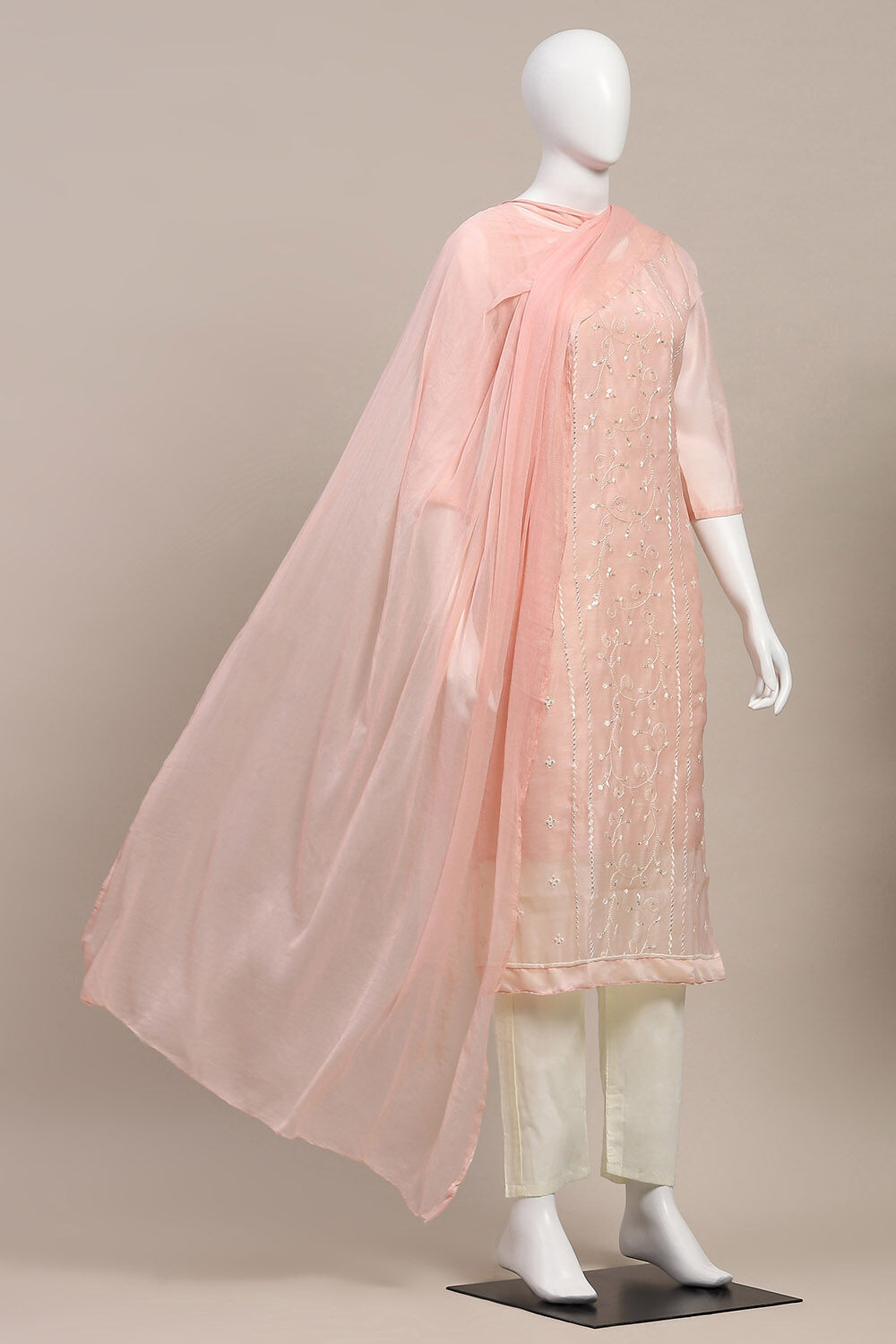 Peach Modal Satin Machine Embroidered Unstitched Suit Set image number 4