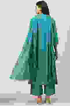 Peacock Green Cotton Straight Kurta Palazzo Suit Set image number 4
