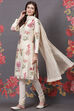 Off White Cotton Silk Straight Printed Suit Set image number 4
