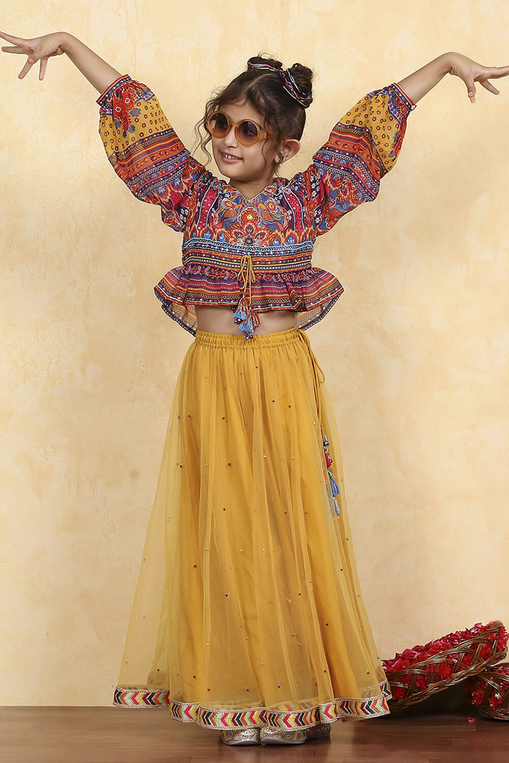 Yellow Polyester Printed Kalidar Lehenga Set image number 0