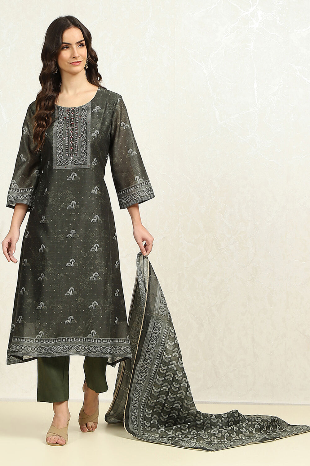 Green Chanderi Floral Printed Unstitched Suit Set image number 1