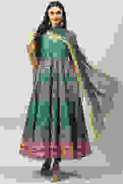 Green Art Silk Flared Kurta Legging Suit Set image number 0