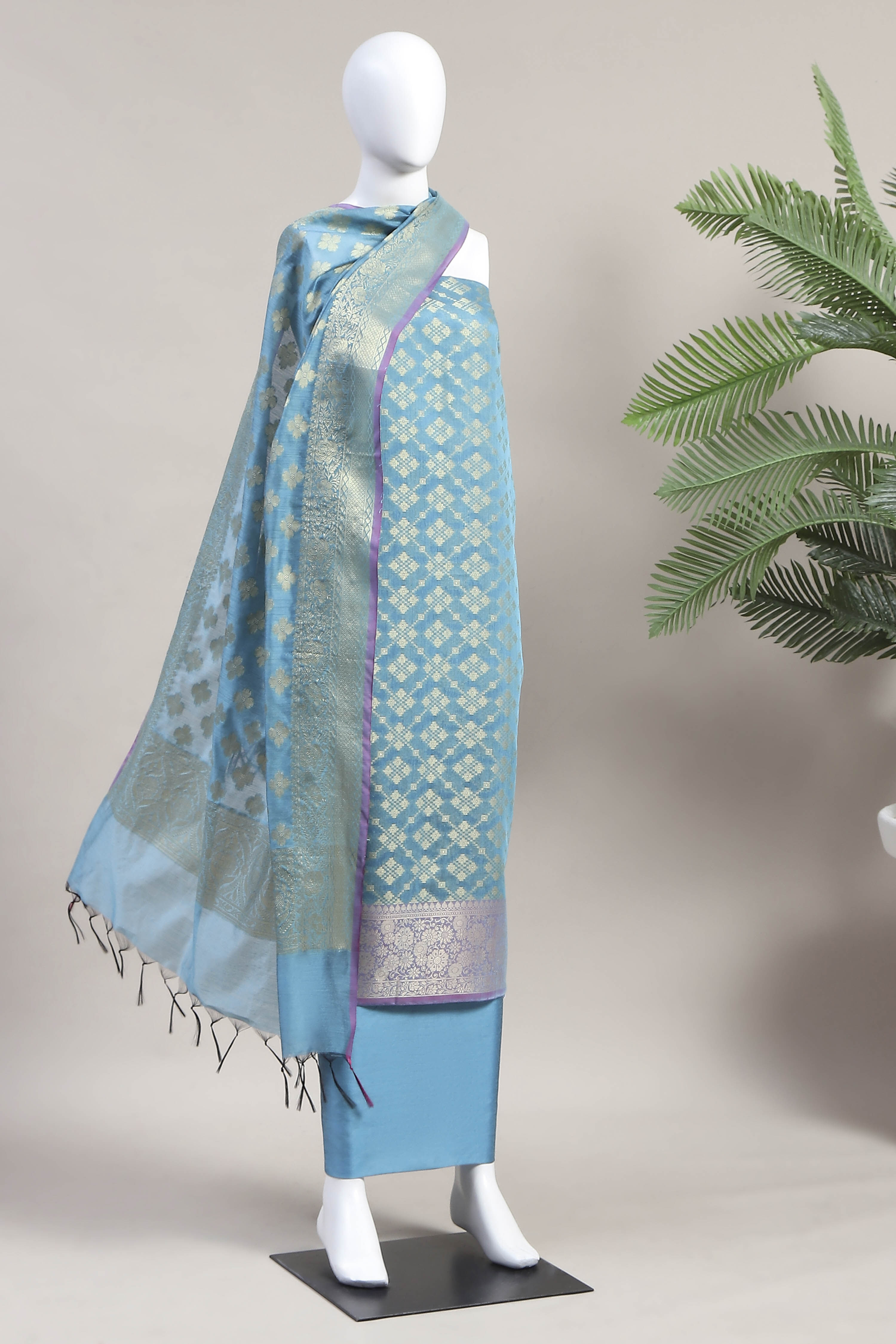Blue Cotton Printed Embroidered Unstitched Suit Set image number 4