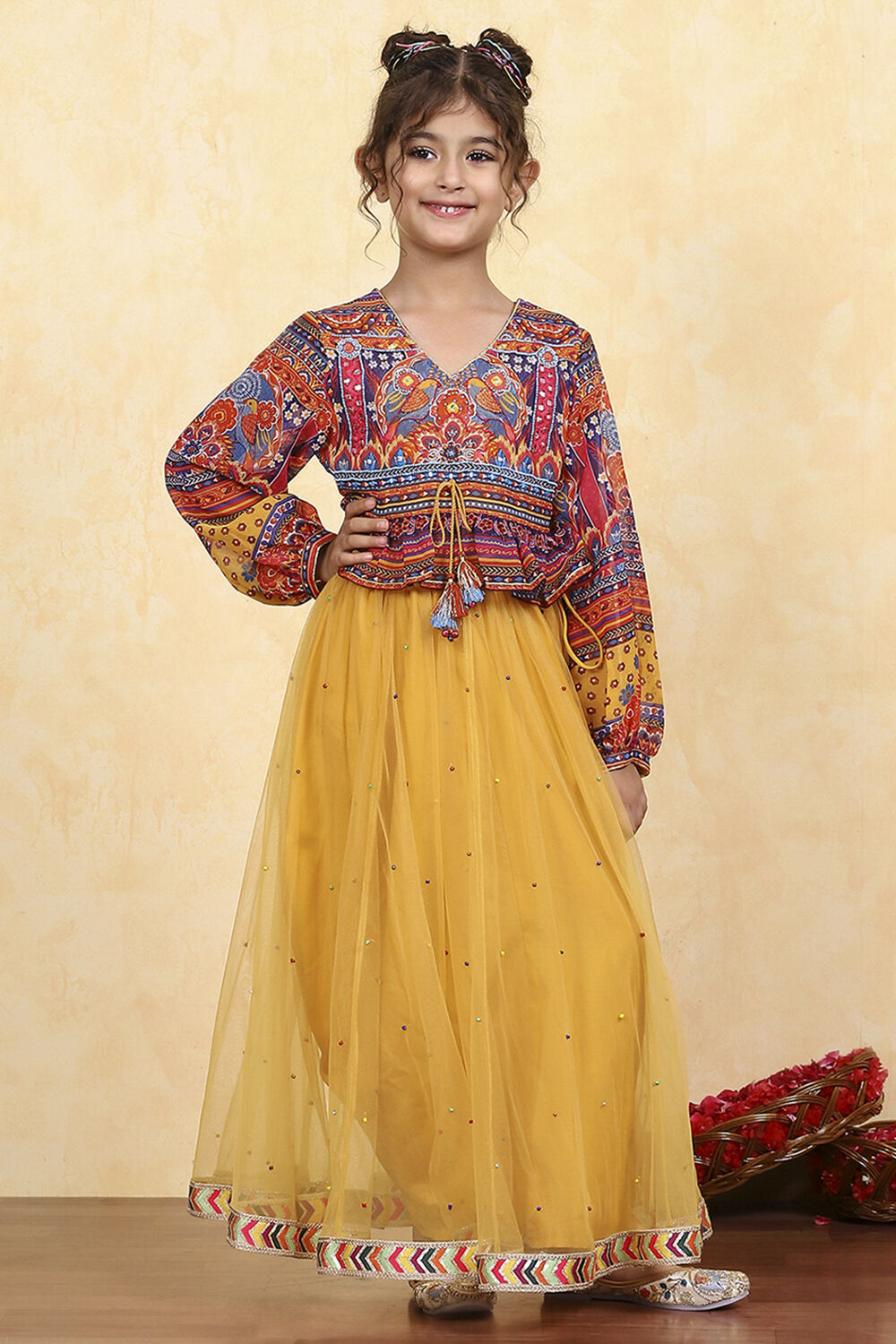 Yellow Polyester Printed Kalidar Lehenga Set image number 6