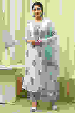 Blue Cotton Hand Block Print Unstitched Suit Set image number 8