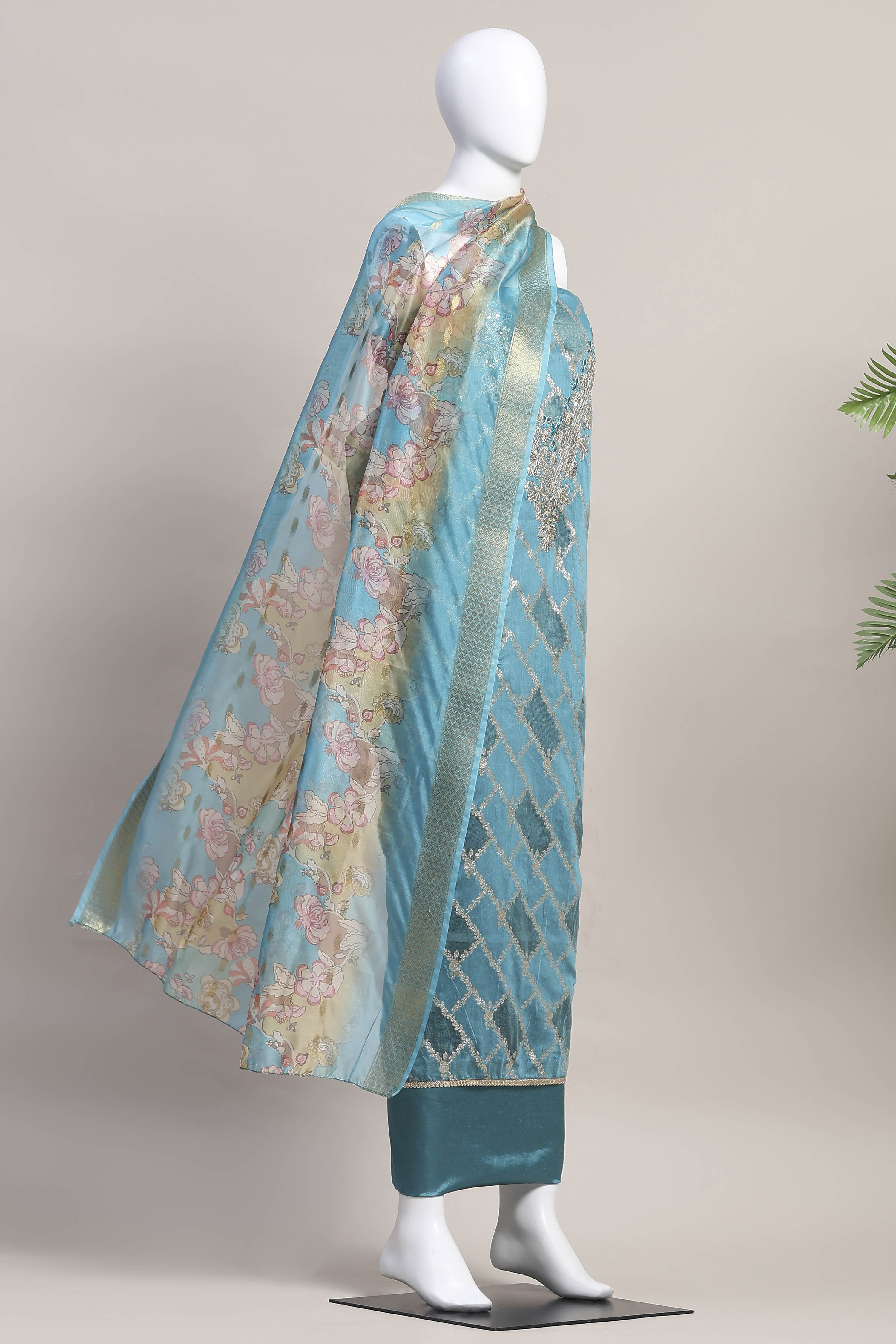Blue Cotton Printed Embroidered Unstitched Suit Set image number 4