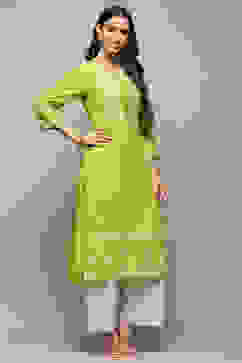 Green Rayon flax Relaxed Kurta Palazzo Suit Set image number 5