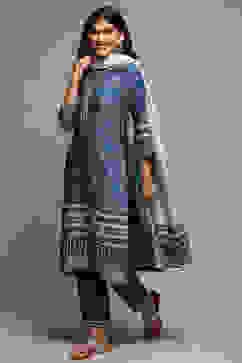 White & Blue Viscose Straight Kurta Pants Suit Set image number 5