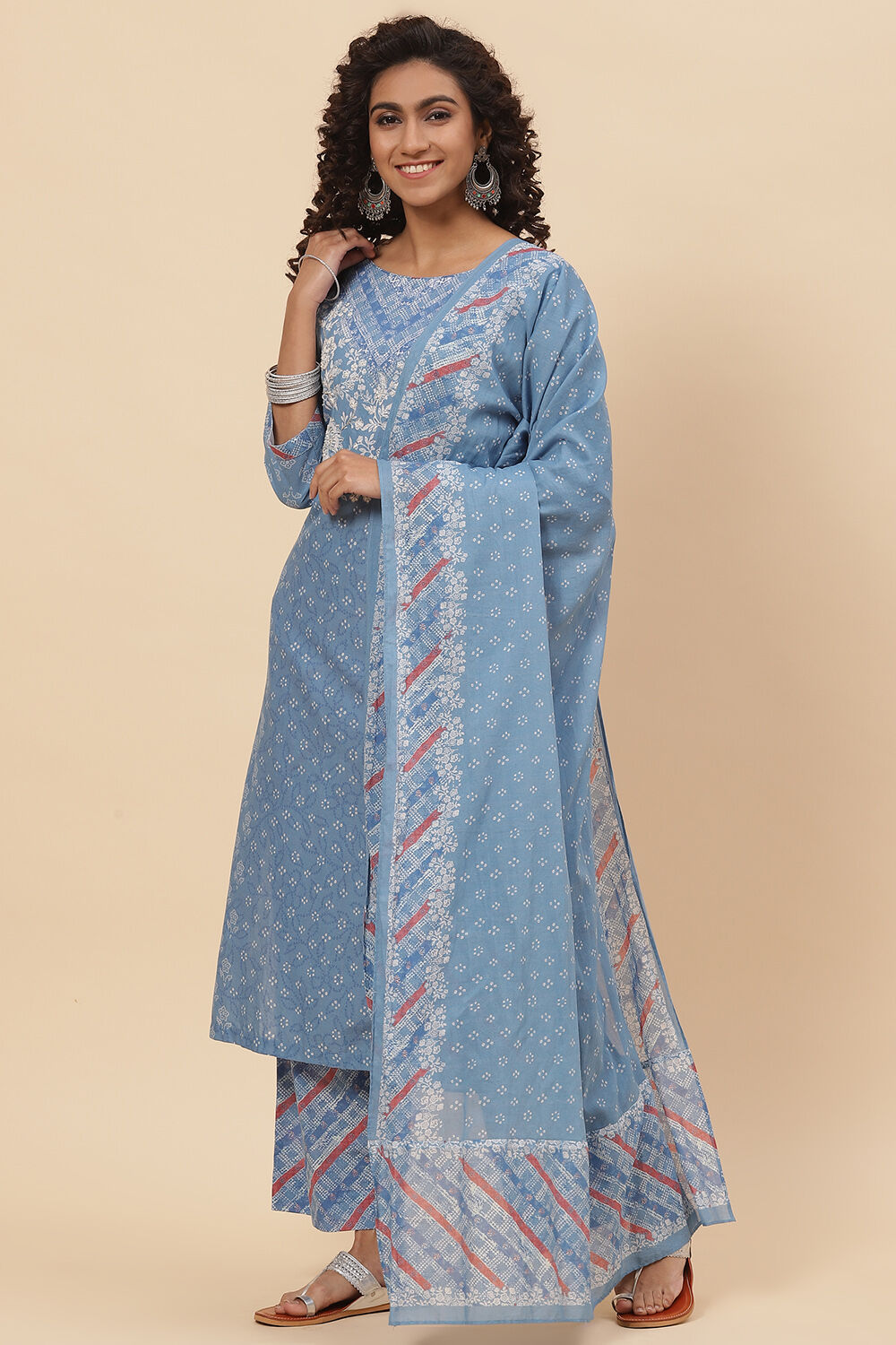 Blue Cotton Straight Kurta Palazzo Suit Set image number 5
