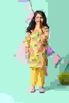 Yellow Cotton Straight Kurta Slim Pants Suit Set image number 0