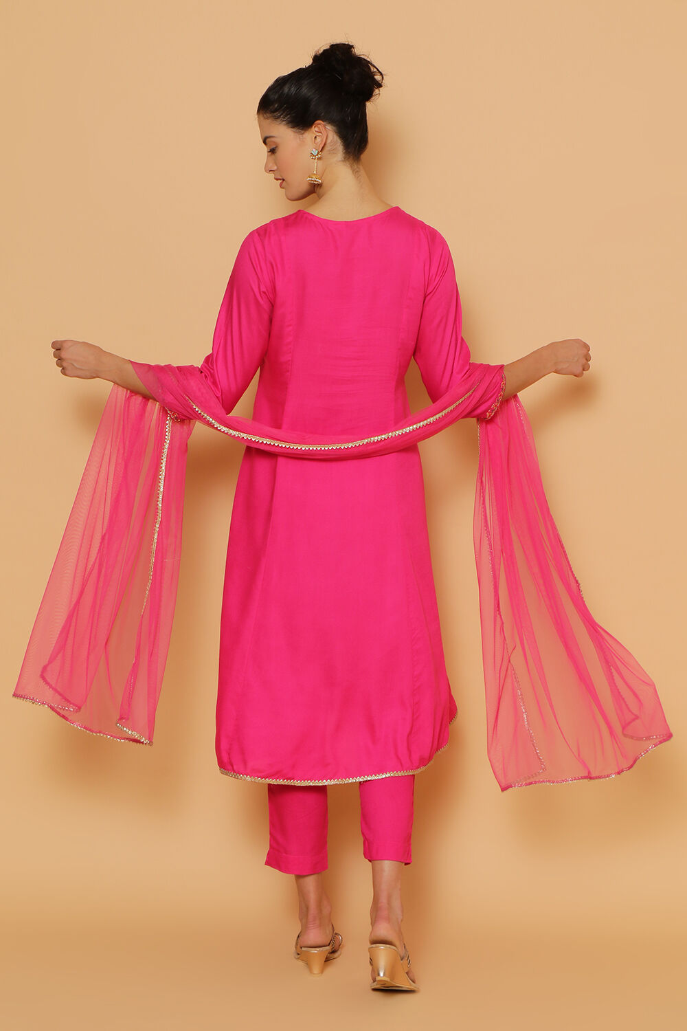 Pink Rayon Kalidar Kurta Slim Pant Suit Set image number 3