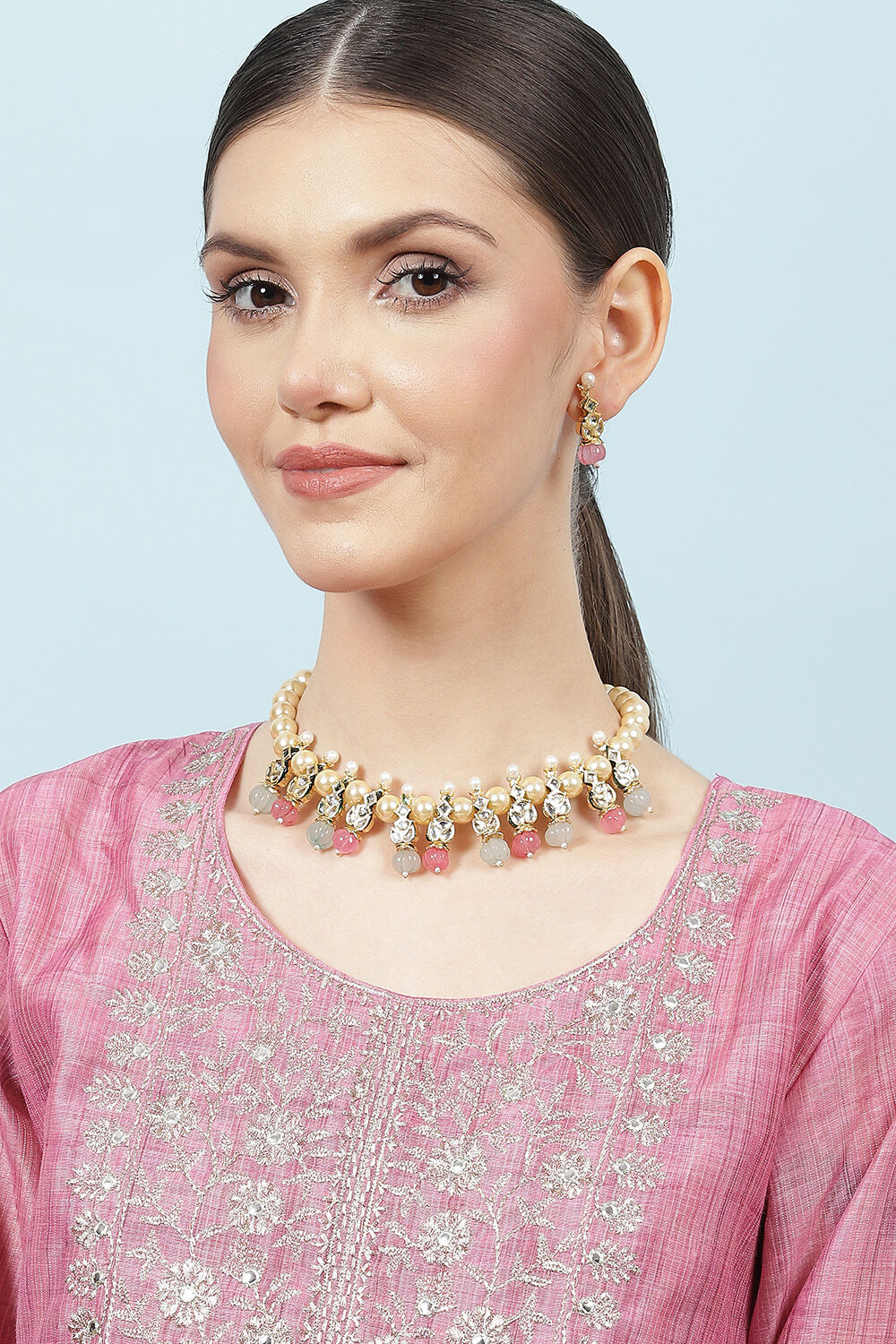 Mint Green Pink Alloy Necklace Set image number 3