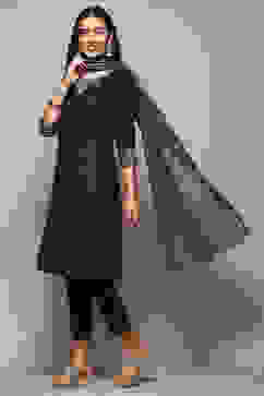 Teal Cotton Satin Narrow Kurta Pant Suit Set image number 4