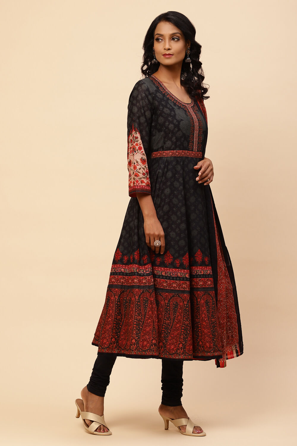 Black Cotton Anarkali Kurta Churidar Suit Set image number 6