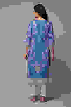 Blue Cotton Straight Printed Kurta image number 2