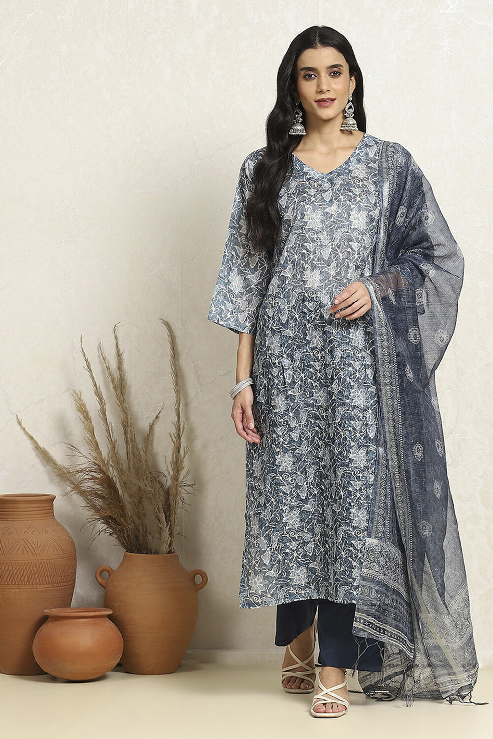 Blue Cotton Kota Floral Printed Unstitched Suit Set image number 4