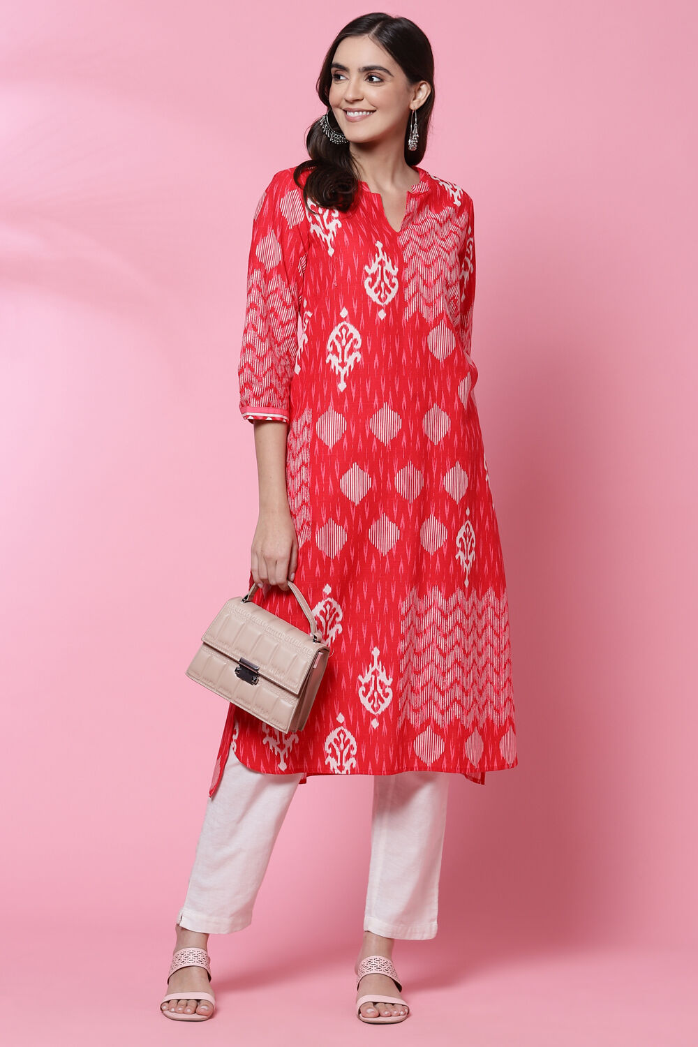 Red Cotton A Line Kurta image number 5