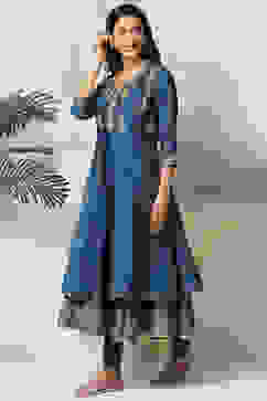 Blue Cotton Blend Anarkali Kurta Churidar Suit Set image number 3