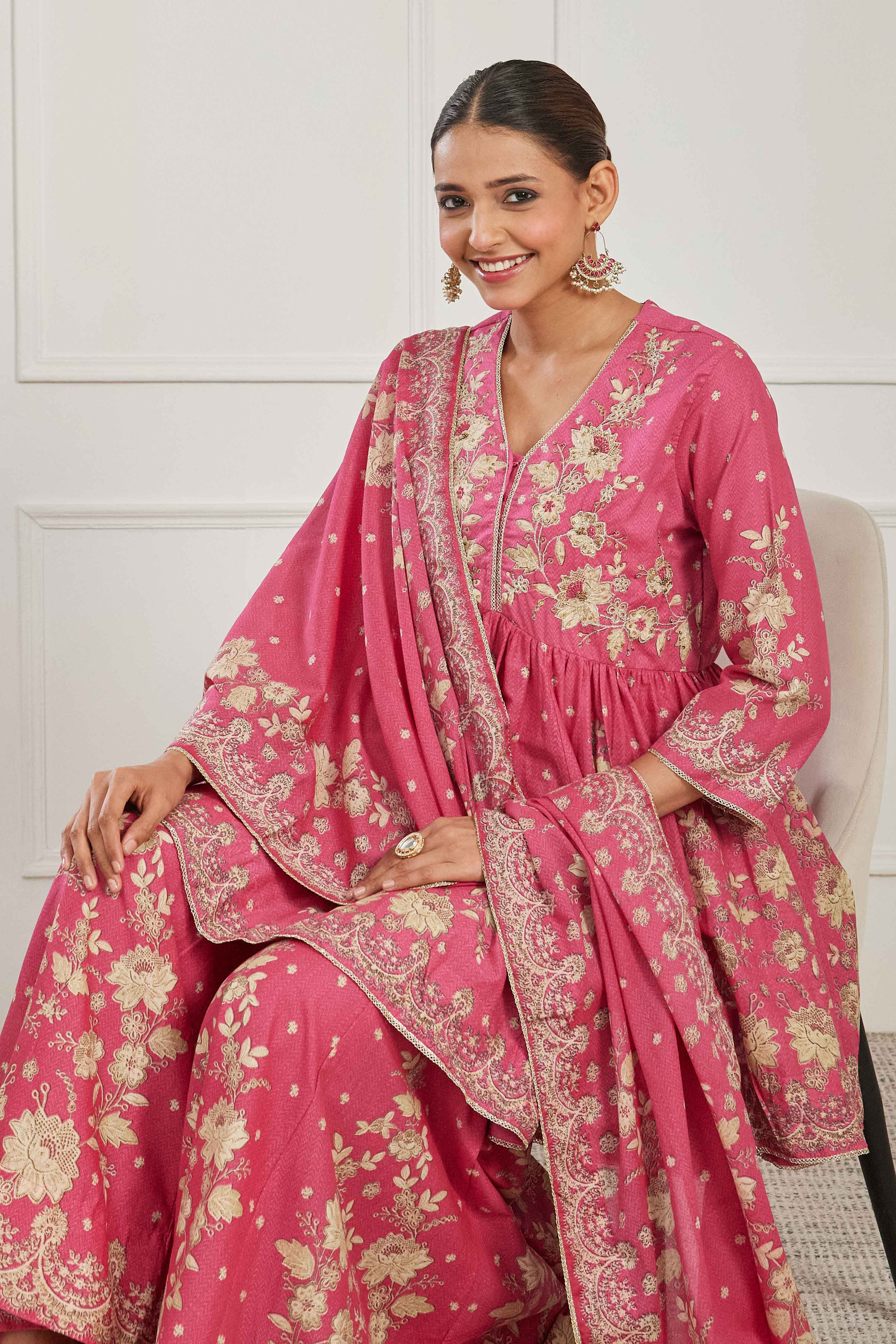Pink Cotton Floral Embroidered Garara Kurta Set image number 7