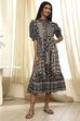 Black and Beige Cotton Printed Tiered Dress image number 3