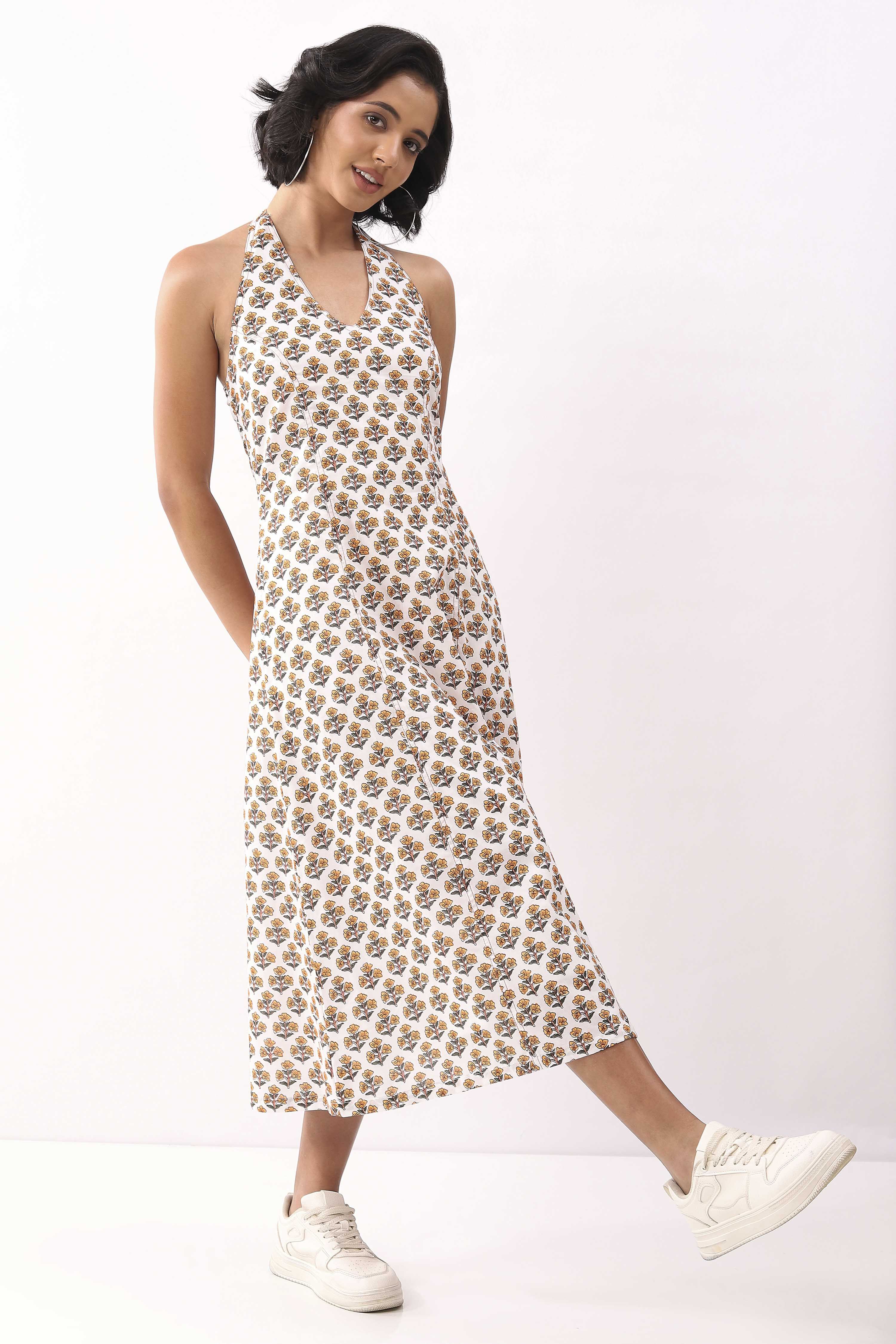 Ivory Cotton Floral Tie-Up Midi A-Line Dress image number 7
